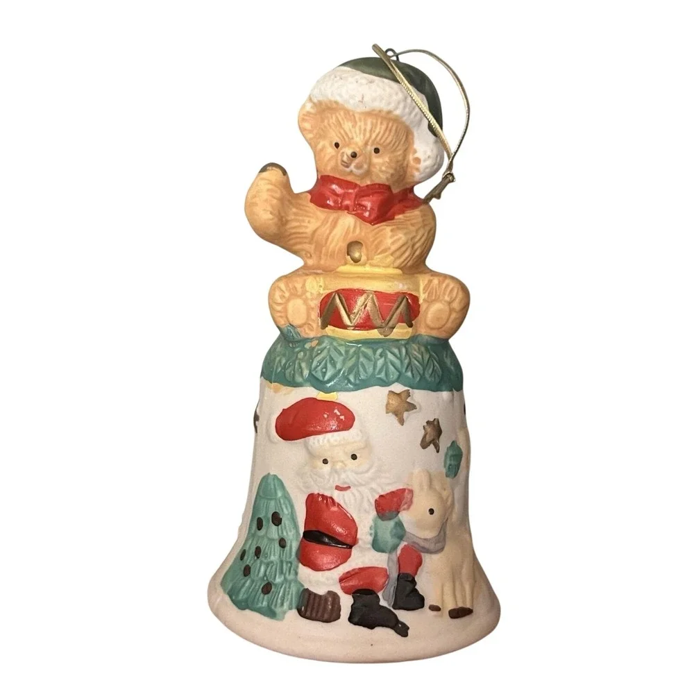 Porcelain Bell Little Drummer Bear Christmas Decor Collectible Vintage Holiday
